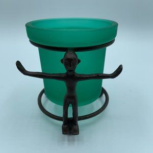 Metal Figure Candle Holder and Green Glass Insert - 2 pieces